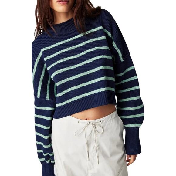 Free People Easy Street Stripe Crop Pullover Sweater Navy Combo Size XL Casual - Picture 1 of 13